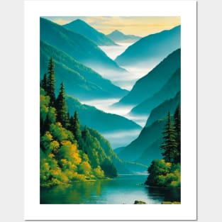 Lake with a Misty Valley In the Background Posters and Art